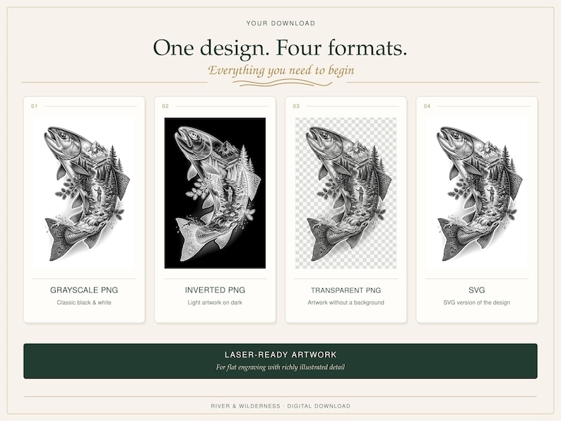 May include: A digital download set featuring a detailed fish illustration with a wilderness scene inside. Includes four file formats: Grayscale PNG, Inverted PNG, Transparent PNG, and SVG. The text reads: One design. Four formats. Everything you need to begin.