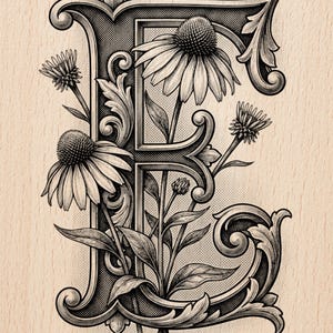May include: Detailed black and white illustration of the letter "E" adorned with coneflowers and ornate scrollwork. The image has the text "Burnished Lines" and "LASER READY PNG" on a light wood grain background.