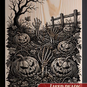 Halloween Pumpkin Patch Laser Engrave Design Wood | Spooky Skeleton Decor Wall Art | xTool Glowforge LightBurn CNC | Grayscale PNG SVG