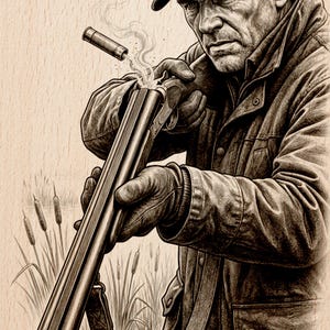 Könnte beinhalten: Sepiafarbene Illustration einer Person mit einer Doppelflinte, die eine leere Patrone auswirft. Die Person trägt eine Kappe und eine Jacke. Im Hintergrund sind Schilf zu sehen. Der Text "LASER READY PNG" ist unten.