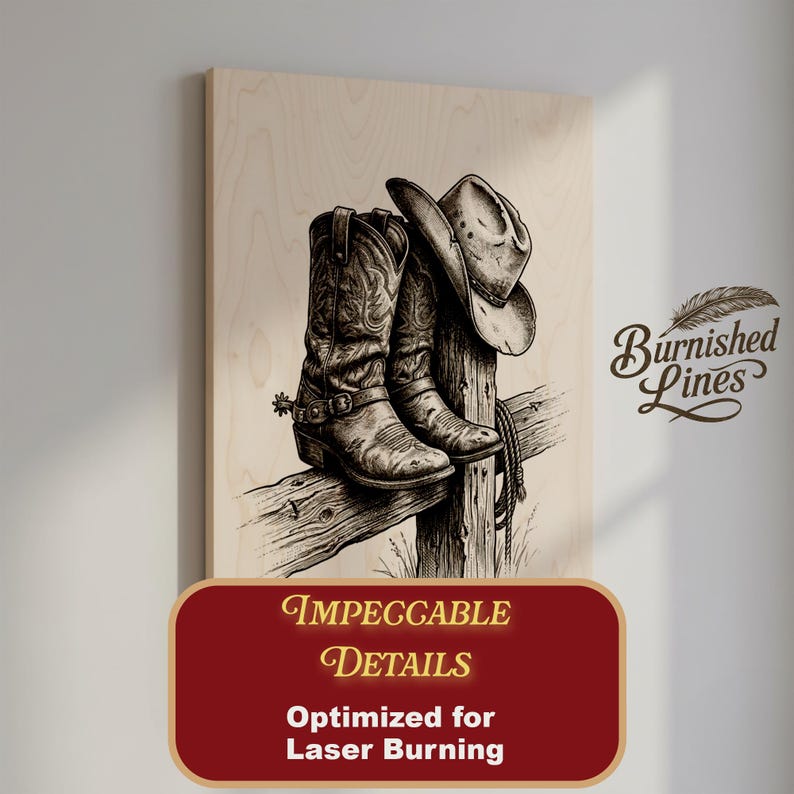 May include: A black and white illustration of cowboy boots and a hat resting on a wooden fence post. The artwork is on a light-colored wooden panel. The image includes the text "Impeccable Details" and "Optimized for Laser Burning".