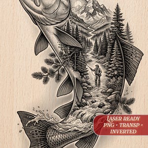 May include: Black and white illustration of a leaping fish with a detailed landscape inside. The landscape features a river, mountains, and a fisherman. The image is labeled "LASER READY PNG + TRANSP + INVERTED".