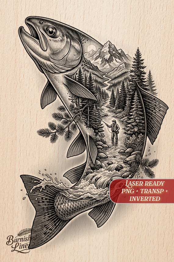 Trout Mountain Scene | Fishing Pyrography | Laser Engraving Template | PNG Digital Stencil