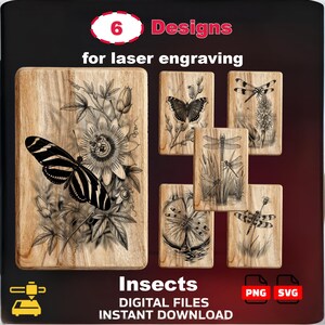 May include: Six wooden designs for laser engraving featuring insect illustrations. The designs include butterflies, dragonflies, and floral elements. The text reads "Insects, Digital Files, Instant Download."