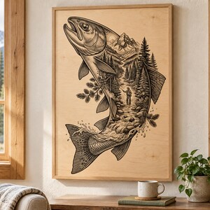 May include: A rectangular wooden wall art piece featuring a black ink illustration of a large fish. The fish body contains a detailed landscape scene with a mountain, pine trees, a flowing river, and a person fishing in the water.