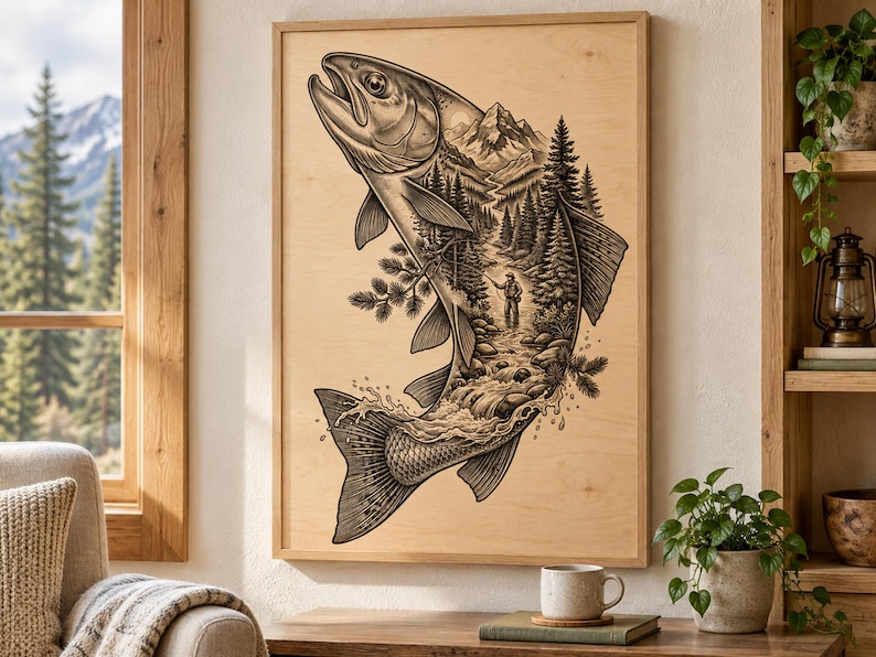 May include: A rectangular wooden wall art piece featuring a black ink illustration of a large fish. The fish body contains a detailed landscape scene with a mountain, pine trees, a flowing river, and a person fishing in the water.