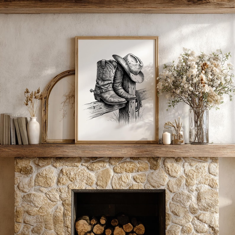 May include: A framed black and white print featuring a cowboy hat and boots resting on a wooden fence post. The artwork is displayed above a stone fireplace, with decorative elements like a vase of flowers and books.