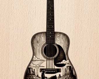 Western Guitar Engraving | Cowboy Horse Scene | Laser Ready Design