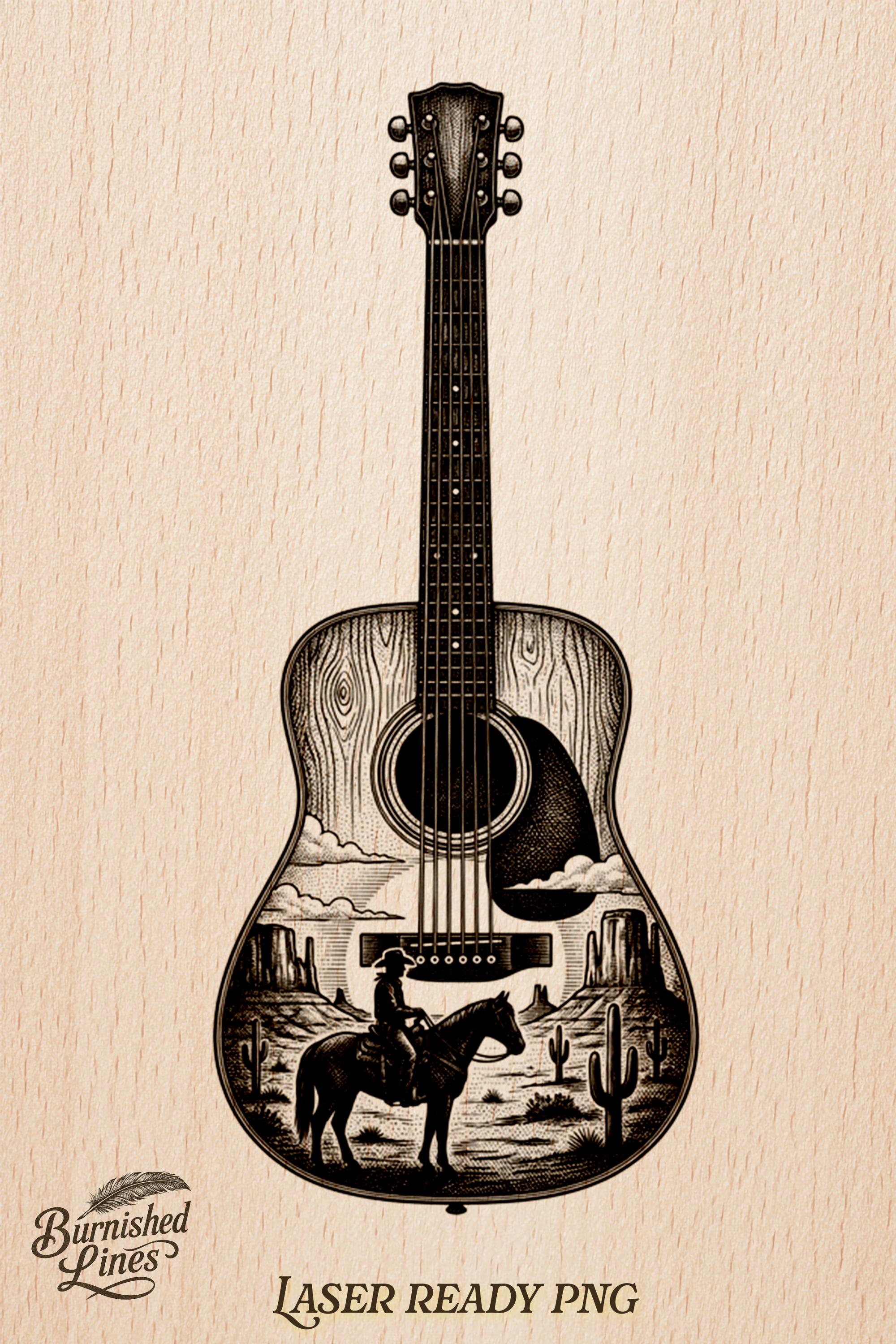 Western Guitar Engraving | Cowboy Horse Scene | Laser Ready Design