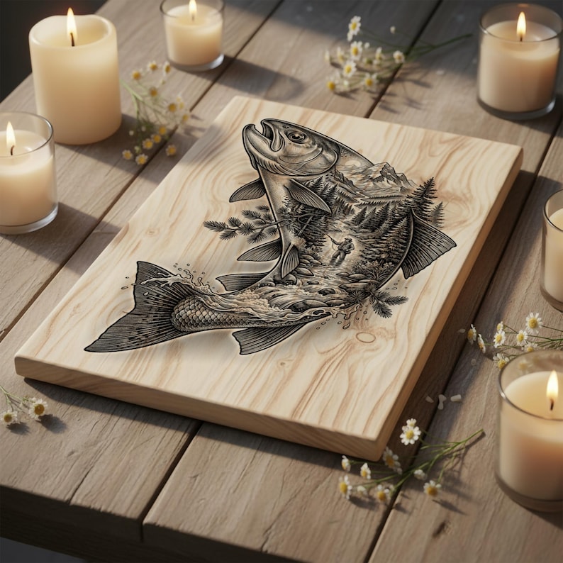 May include: A rectangular wooden board featuring a detailed black ink illustration of a leaping fish. The fish body contains a landscape scene with a forest, mountains, and a person fishing in a stream. The board has a natural light wood grain.