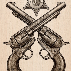 May include: An illustration featuring two crossed revolvers with ornate detailing, positioned beneath a sheriff's badge. The badge is a six-pointed star with the word "SHERIFF" in a circular design. The image has a vintage, sepia-toned aesthetic.