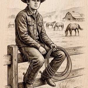 Puede incluir: Ilustración en tonos sepia de un vaquero sentado en una valla de madera, sosteniendo un lazo. Lleva sombrero de vaquero, chaqueta vaquera y botas. Caballos pastan en un campo con un granero al fondo. El texto "Burnished Lines" y "LASER READY PNG" son visibles.