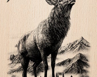 May include: A black and white wood engraving print featuring a majestic elk standing on a rocky cliffside. The text Burnished Lines with a feather icon appears in the top left corner. The background shows misty mountains and pine trees.