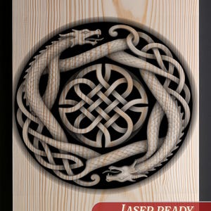 May include: A digital graphic design featuring two intertwined dragons forming a circular border around a central Celtic knot pattern. The design is set against a light wood grain background with a red rectangular label containing the text LASER READY PNG + TRANSP + INVERTED + SVG and a logo with the text Burnished Lines.