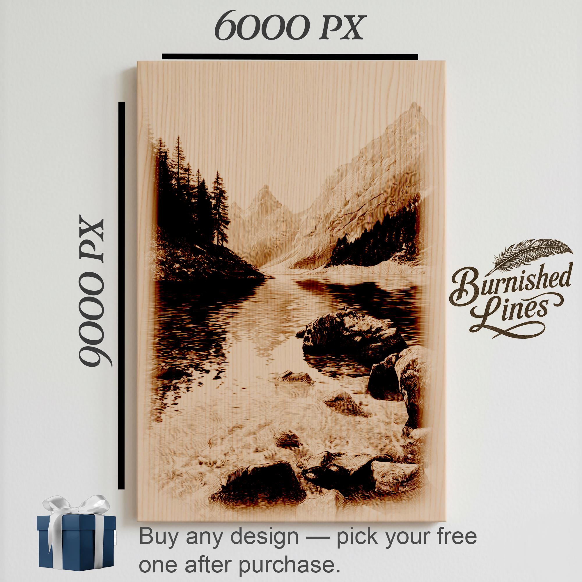 Mountain Lake Landscape Engraving | Serene Nature Scene | Laser