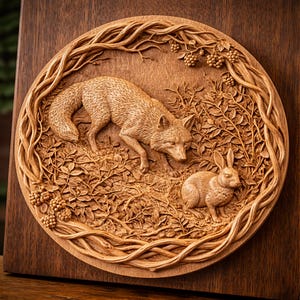 May include: A detailed wooden carving of a fox and a rabbit in a forest scene. The fox is depicted stalking the rabbit, surrounded by carved leaves, berries, and vines. The artwork is mounted on a dark wooden background.