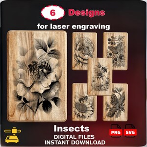 Bee Butterfly Insect PNG Laser Engraving Bundle | Wood Slate Acrylic | xTool Glowforge Ortur | Pyrography