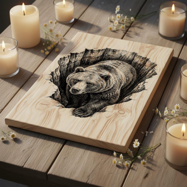 K&ouml;nnte beinhalten: Holztafel mit einer detaillierten Illustration eines B&auml;ren, der aus einem Loch kommt. Der B&auml;r ist in Braun- und Graut&ouml;nen mit realistischer Textur dargestellt. Die Tafel ist von brennenden Kerzen und kleinen wei&szlig;en Blumen umgeben.