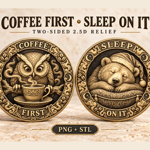 Decision Coin Depth Map PNG and STL, Coffee Owl and Sleeping Bear, Two-Sided Relief