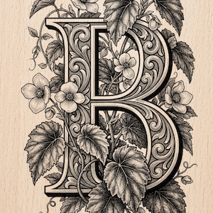 Puede incluir: Ilustración en blanco y negro de la letra "B" con adornos florales y de hojas. La letra está intrincadamente diseñada con patrones de desplazamiento y rodeada de hojas y flores detalladas. El texto "Burnished Lines" y "LASER READY PNG" está en la parte inferior.