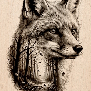 May include: A detailed black and white illustration of a fox's head, with a forest scene incorporated within its form. The image includes the text "Burnished Lines" and "LASER READY PNG" on a light wood grain background.