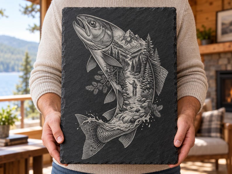 May include: A rectangular black slate plaque featuring a detailed white engraved illustration of a large fish. Inside the fish silhouette is a landscape scene showing a person fishing in a river, surrounded by pine trees and mountains.