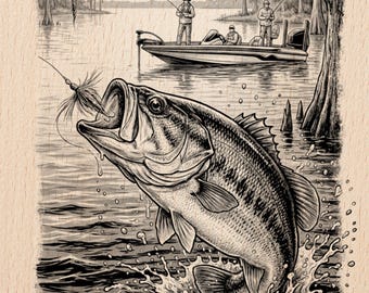 Bass Fishing Swamp Scene | Slate Coaster Engrave | Lightburn Ready Art | High Res PNG