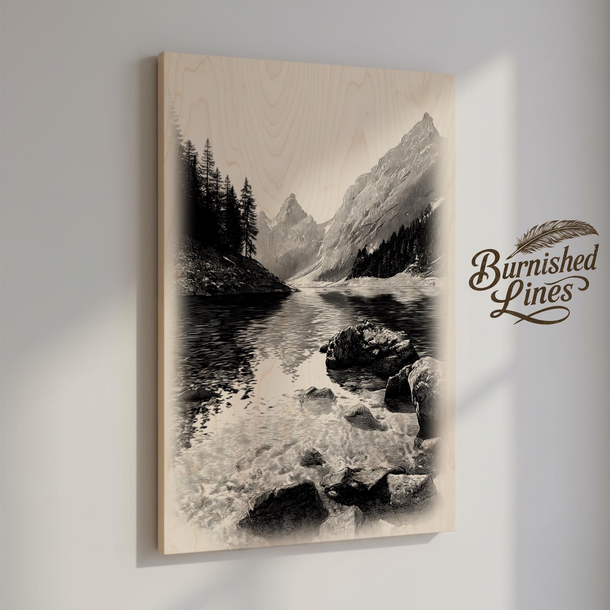 Mountain Lake Landscape Engraving | Serene Nature Scene | Laser