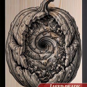 May include: A light-colored wood panel featuring a detailed black laser-engraved illustration of a pumpkin with a swirling vortex interior filled with bats and horned creatures. The text LASER READY PNG + TRANSP + INVERTED + SVG is visible.