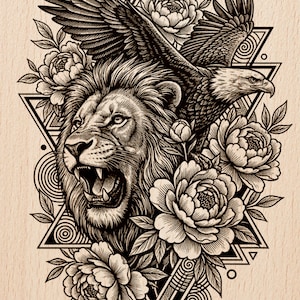 Può includere: Illustrazione in bianco e nero con la testa ruggente di un leone, un'aquila con le ali spiegate ed elementi floreali. Sono presenti anche forme geometriche e il testo "Burnished Lines" e "LASER READY PNG".