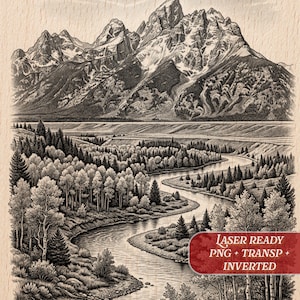 May include: Black and white illustration of a mountain landscape with a river winding through a forest. The image features a detailed drawing of mountains, trees, and a river, with text that reads "LASER READY PNG + TRANSP + INVERTED" in a red banner.