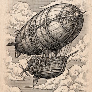 May include: Detailed black and white illustration of a steampunk airship floating among fluffy clouds. The airship features intricate mechanical details, a propeller, and a decorative gondola. The image includes the text "Burnished Lines" and "LASER READY PNG".