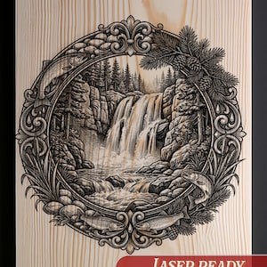 Waterfall Fish Frame Laser File | Nature Scene Engraving | Glowforge xTool Ortur | Grayscale PNG SVG Stencil Pyrography Pattern