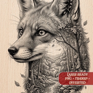 Puede incluir: Ilustración en blanco y negro de la cabeza de un zorro, con un paisaje forestal integrado. La imagen incluye el texto "LASER READY PNG + TRANSP + INVERTED" y el logotipo "Burnished Lines".