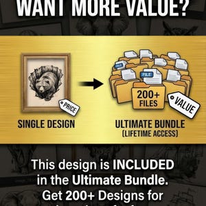K&ouml;nnte beinhalten: Werbegrafik mit Text: "WAIT! WANT MORE VALUE?" und "LINK IN DESCRIPTION." Sie zeigt eine gerahmte B&auml;renillustration mit der Aufschrift "SINGLE DESIGN" und ein B&uuml;ndel von Dateien mit der Aufschrift "200+ FILES" und "ULTIMATE BUNDLE (LIFETIME ACCESS)."