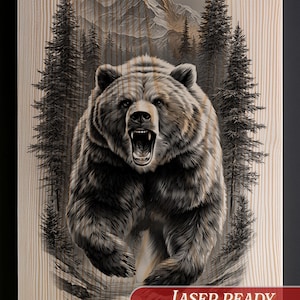 Grizzly Bear Mountain Engraving File | Wildlife Decor Template | Glowforge xTool Ortur | SVG PNG Digital Stencil Pyrography