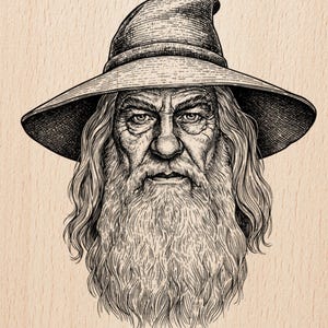 May include: Detailed black and white illustration of a wizard with a long beard and hat. The wizard's face is stern, with deep lines and wrinkles. The image has the text "Burnished Lines" in the upper left corner.