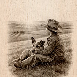 May include: Sepia-toned illustration of a child in a cowboy hat and denim jacket, seated on a grassy hill, with a dog resting on their lap. The background features rolling hills and a distant landscape.