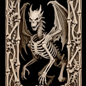 May include: A detailed wood carving of a skeletal dragon with large wings, horns, and a menacing expression. The dragon is surrounded by a frame of bones and skulls. The text "LASER READY PNG" is at the bottom.