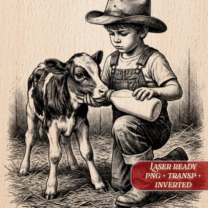 Farm Boy Calf PNG-laserfil | Träskifferläderunderlägg i läder | Glowforge xTool Ortur-diod CO2 | Pyrografischablon