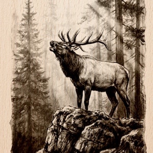 Puede incluir: Dibujo en tonos sepia de un uapití de pie sobre un afloramiento rocoso, con la cabeza levantada y la boca abierta. El uapití tiene grandes astas y se encuentra sobre un fondo de bosque con árboles altos.