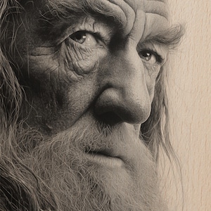 以下が含まれることがあります： 長い白ひげと髪を持つ老人の詳細な白黒ポートレート。画像はクローズアップで、肌のしわや質感を強調しています。男性の視線は強く、アートワークは非常に詳細です。