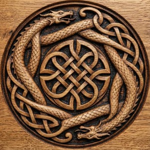 May include: Circular wooden carving featuring two dragons encircling a central Celtic knot design. The dragons are intricately carved with detailed scales and heads, and the knotwork is deeply etched, creating a striking contrast.