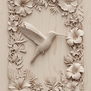 May include: A wooden relief carving featuring a hummingbird in flight, surrounded by a frame of intricately carved flowers and foliage. The artwork is in natural wood tones, with the text "Burnished Pines" in the upper left corner.