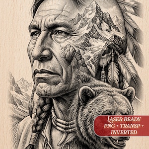 Op de afbeelding: Zwart-wit illustratie van een indiaanse man met een beer en een bergketen. De man heeft een vlecht, veren en een ketting. De afbeelding is gelabeld "Laser Ready PNG + Transp + Inverted."