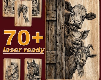 70+ Farm Animals Bundle | Wood Plaque Coaster Sign | xTool Glowforge Ortur | Laser PNG SVG