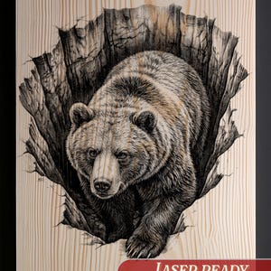 May include: A detailed black and white illustration of a grizzly bear emerging from a hollow tree trunk on a light wood grain background. The text LASER READY PNG + TRANSP + INVERTED + SVG appears in a red box, with Burnished Lines text below.
