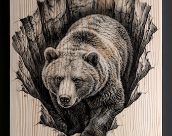 Grizzly Bear PNG Laser Engraving File | Wood Slate Plaque Coaster Sign | Glowforge xTool Ortur Diode CO2 | Pyrography Stencil SVG