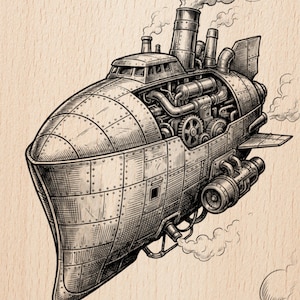 May include: Detailed pen and ink illustration of a steampunk airship. The vessel features riveted metal plating, visible gears, and smokestacks emitting puffs of smoke. The image includes the text "Burnished Lines" and "LASER READY PNG".