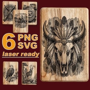 Pacchetto di incisioni laser western / Disegni SVG di cowboy per legno / File Glowforge / Stencil per pirografia / Disegni di teschi di bovini e ranger